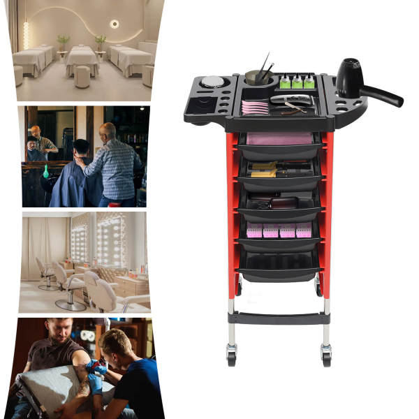 Hairdressing Cart | Salon Trolley with 5 Pull-Out Drawers and Foldable Equipment Holder | SPA Hairdressing Cart for Stylist, Hairstyling, Red