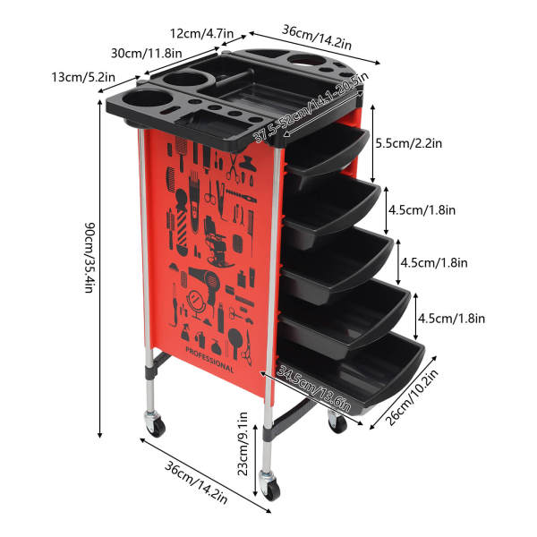 Hairdressing Cart | Salon Trolley with 5 Pull-Out Drawers and Foldable Equipment Holder | SPA Hairdressing Cart for Stylist, Hairstyling, Red