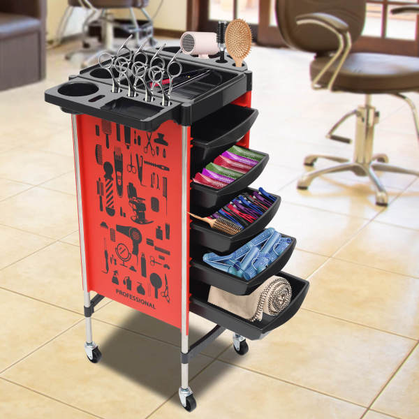 Hairdressing Cart | Salon Trolley with 5 Pull-Out Drawers and Foldable Equipment Holder | SPA Hairdressing Cart for Stylist, Hairstyling, Red