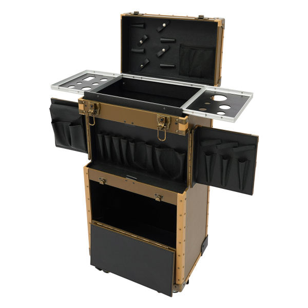 Portable Rolling Makeup Stylist Makeup Train Hair Salon Case Clipper Trimmer Box, Gold
