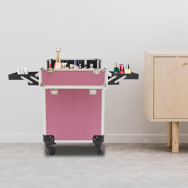 Rolling makeup case, cosmetic case trolley, makeup case cosmetic trolley, makeup case with wheels, Pink Luggage, 34*24*47cm