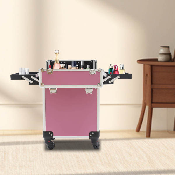 Rolling makeup case, cosmetic case trolley, makeup case cosmetic trolley, makeup case with wheels, Pink Luggage, 34*24*47cm