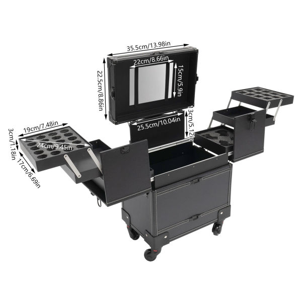 Modern Rolling Makeup Train Case Black Beauty Trolley Cosmetic Organizer Box NEW