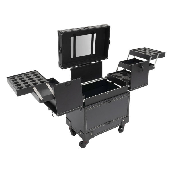 Modern Rolling Makeup Train Case Black Beauty Trolley Cosmetic Organizer Box NEW