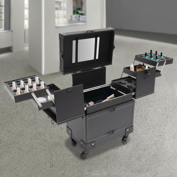 Modern Rolling Makeup Train Case Black Beauty Trolley Cosmetic Organizer Box NEW
