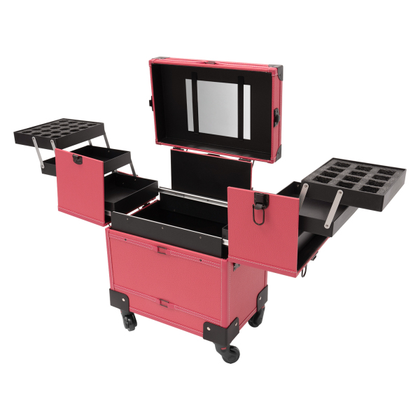 Pink Rolling Makeup Train Case for Artist Beauty Trolley Cosmetic Organizer Box Handle Mirror w/ 4 360-degree Wheels Waterproof