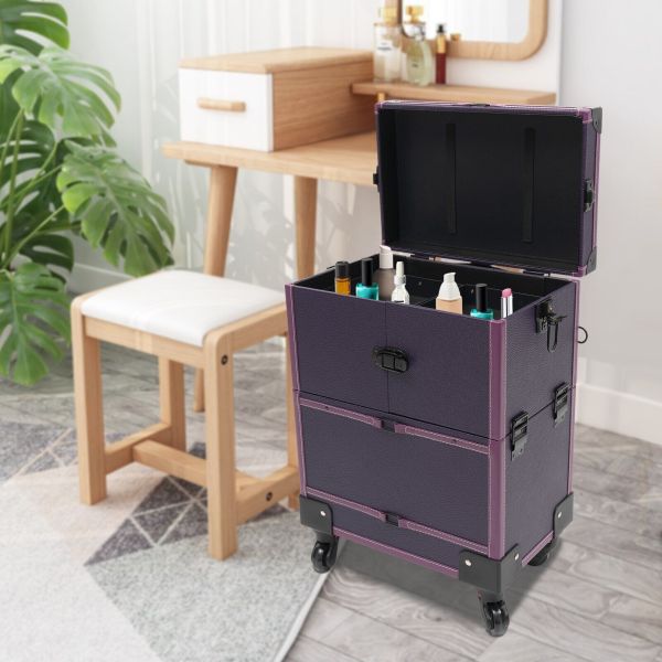 Rolling Makeup Train Case Trolley 7 Compartments Cosmetic Organizer Box +Mirror