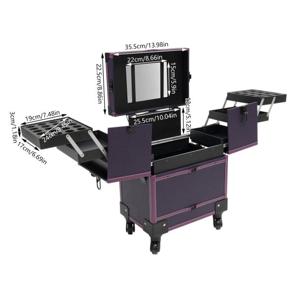 Rolling Makeup Train Case Trolley 7 Compartments Cosmetic Organizer Box +Mirror