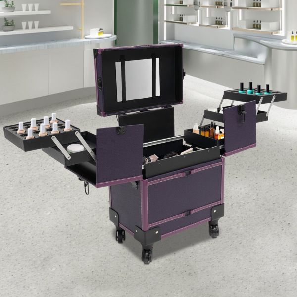 Rolling Makeup Train Case Trolley 7 Compartments Cosmetic Organizer Box +Mirror