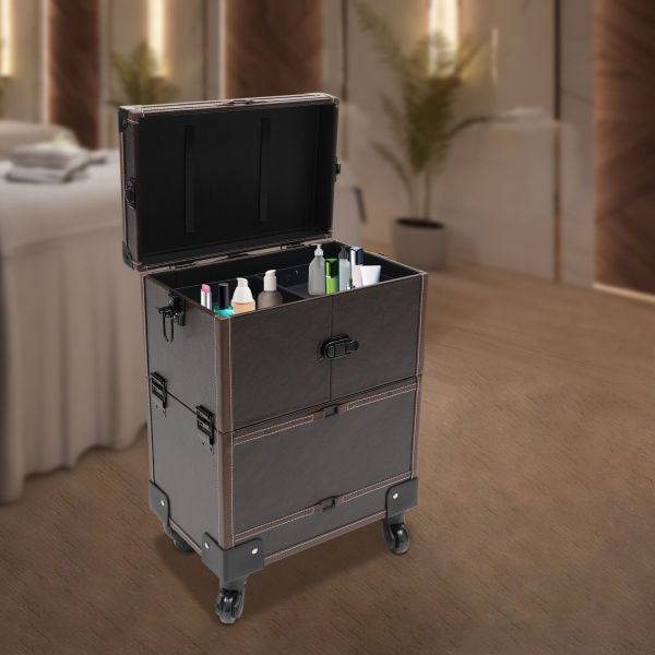 Modern Rolling Make-up Train Case Coffee Beauty Trolley Cosmetic Organizer Box