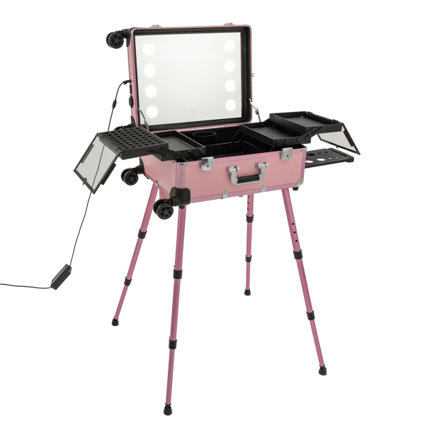 Rolling Makeup Train Case with Lighted Mirror Large Make up Cosmetic Orgainzer Box Travel Case with Bluetooth Professional Protable Aluminum Alloy Trolley Pink