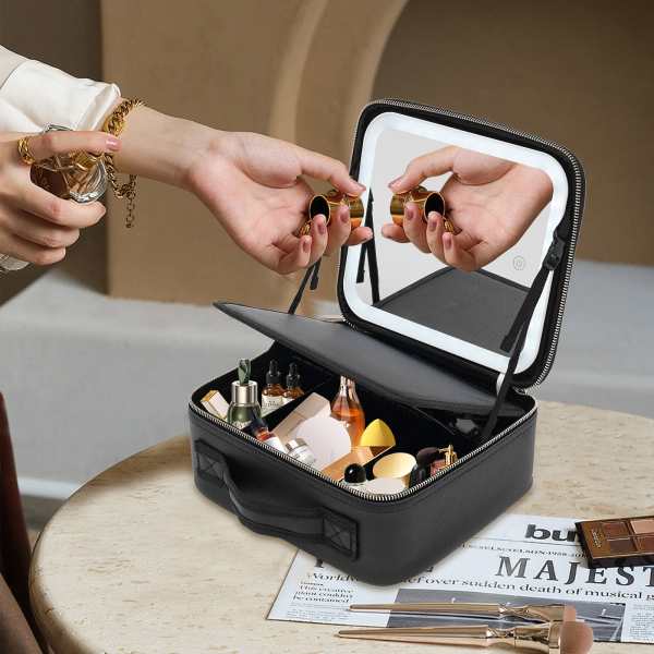 Makeup Train Case with Large Lighted Mirror 3 Color Scenarios Adjustable Brightness Large Cosmetic Organizer Storage Adjustable Dividers