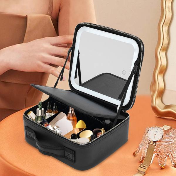 Makeup Train Case with Large Lighted Mirror 3 Color Scenarios Adjustable Brightness Large Cosmetic Organizer Storage Adjustable Dividers