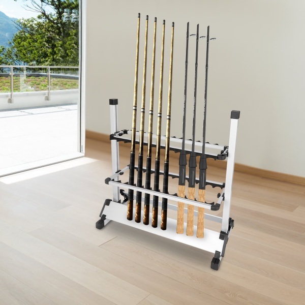 24 Slots Freestanding Fishing Rod Holders 28.74*12.59*28.34in Lightweight Aluminum Vertical Fish Pole Garage Storage Ground Display Stand