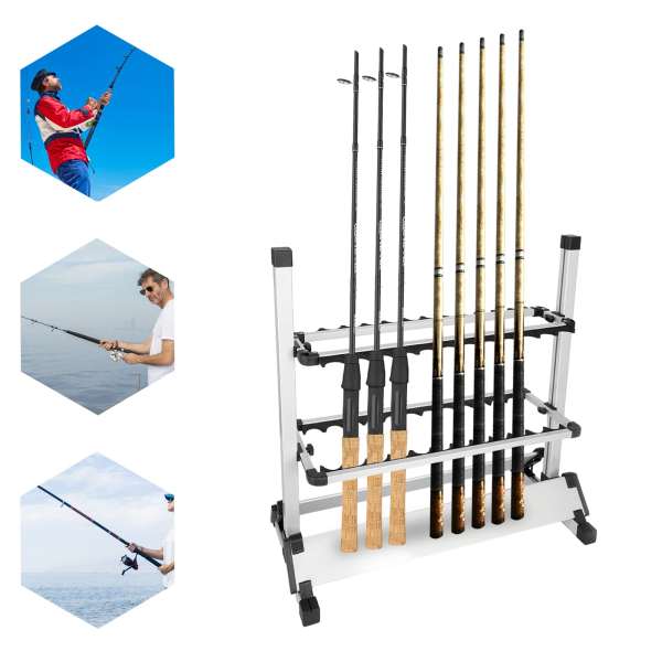 24 Slots Freestanding Fishing Rod Holders 28.74*12.59*28.34in Lightweight Aluminum Vertical Fish Pole Garage Storage Ground Display Stand