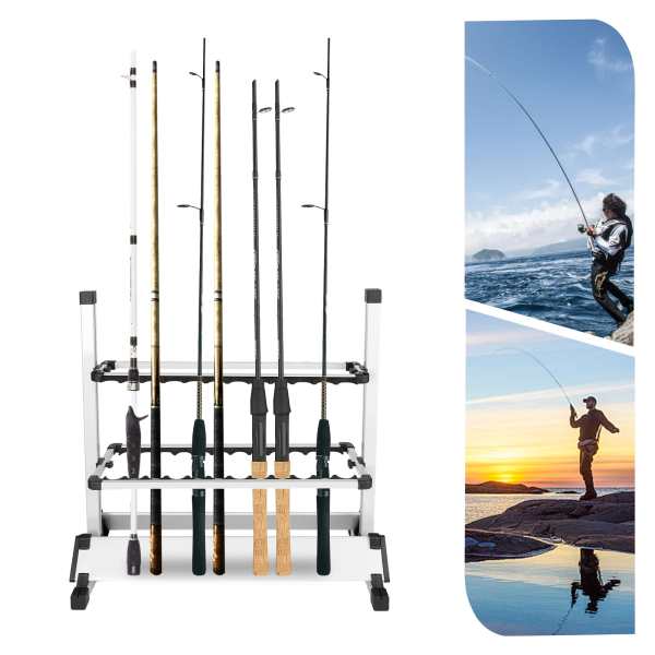 24 Slots Freestanding Fishing Rod Holders 28.74*12.59*28.34in Lightweight Aluminum Vertical Fish Pole Garage Storage Ground Display Stand