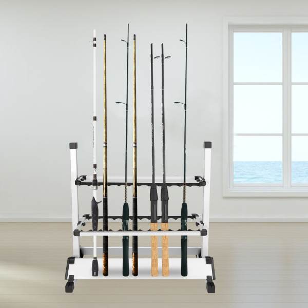 24 Slots Freestanding Fishing Rod Holders 28.74*12.59*28.34in Lightweight Aluminum Vertical Fish Pole Garage Storage Ground Display Stand