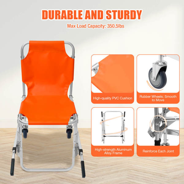 Orange 2-Wheel Stair Chair, Patient Transport Chair, Medical Stretcher - Foldable, 159kg Load Capacity for Hospitals, Emergency centers, Fire Centers