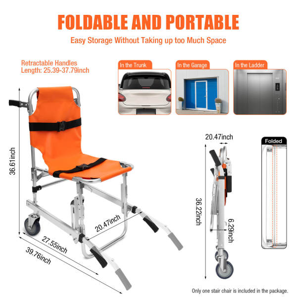 Orange 2-Wheel Stair Chair, Patient Transport Chair, Medical Stretcher - Foldable, 159kg Load Capacity for Hospitals, Emergency centers, Fire Centers
