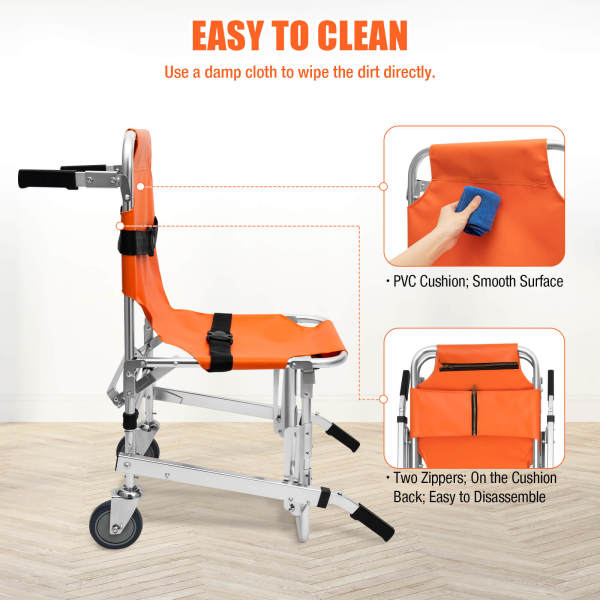 Orange 2-Wheel Stair Chair, Patient Transport Chair, Medical Stretcher - Foldable, 159kg Load Capacity for Hospitals, Emergency centers, Fire Centers