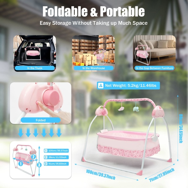 Bluetooth Music Electric Baby Crib Cradle Infant Auto-Swing Bed Rocker Cot W/Mat