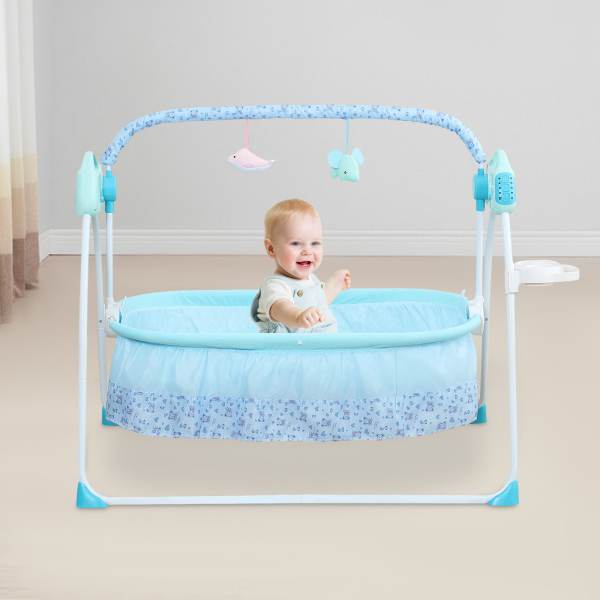 Free-standing Rocking Bassinet Electric Baby Bassinet 5 Levels Adiustable Rocking Speed for 0-18 months Baby with Remote Control Blue