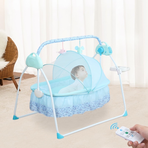 Free-standing Rocking Bassinet Electric Baby Bassinet 5 Levels Adiustable Rocking Speed for 0-18 months Baby with Remote Control Blue