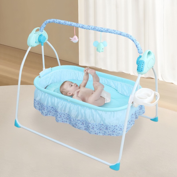 Free-standing Rocking Bassinet Electric Baby Bassinet 5 Levels Adiustable Rocking Speed for 0-18 months Baby with Remote Control Blue