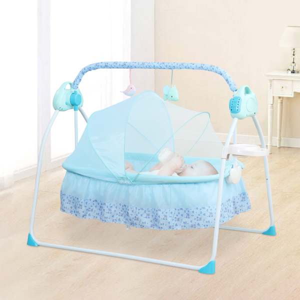 Free-standing Rocking Bassinet Electric Baby Bassinet 5 Levels Adiustable Rocking Speed for 0-18 months Baby with Remote Control Blue