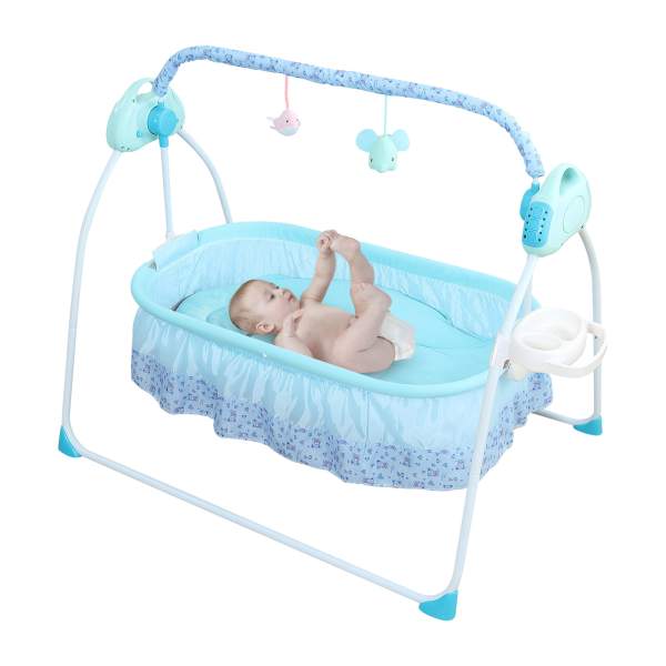 Free-standing Rocking Bassinet Electric Baby Bassinet 5 Levels Adiustable Rocking Speed for 0-18 months Baby with Remote Control Blue