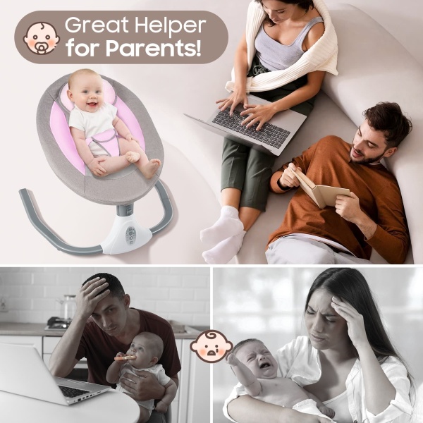 Baby Rocking Chairs Pink Portable Swing for 0-18 Months Infants Electric Bluetooth Remote Control Baby Bouncer with Sunshade & Mosquito Net