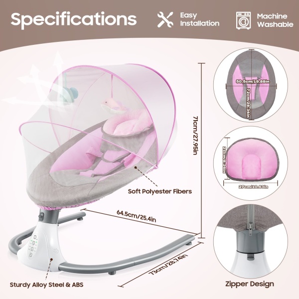 Baby Rocking Chairs Pink Portable Swing for 0-18 Months Infants Electric Bluetooth Remote Control Baby Bouncer with Sunshade & Mosquito Net