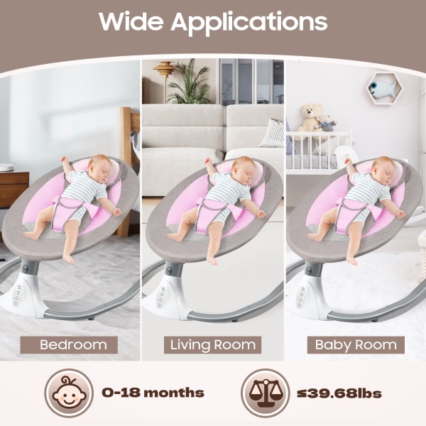 Baby Rocking Chairs Pink Portable Swing for 0-18 Months Infants Electric Bluetooth Remote Control Baby Bouncer with Sunshade & Mosquito Net