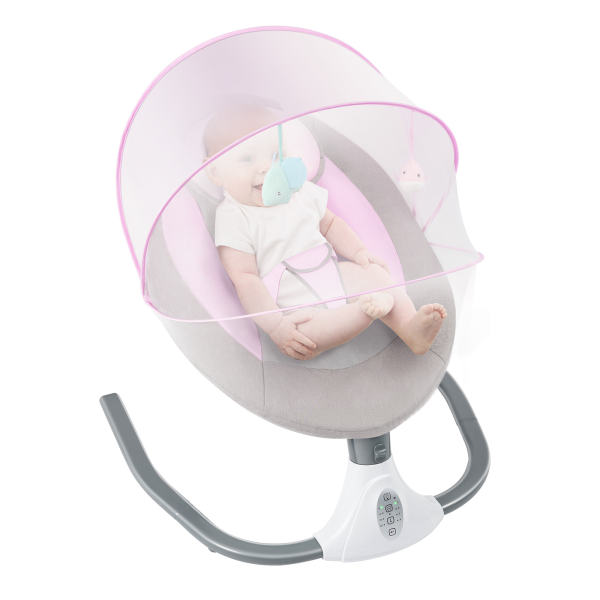 Baby Rocking Chairs Pink Portable Swing for 0-18 Months Infants Electric Bluetooth Remote Control Baby Bouncer with Sunshade & Mosquito Net