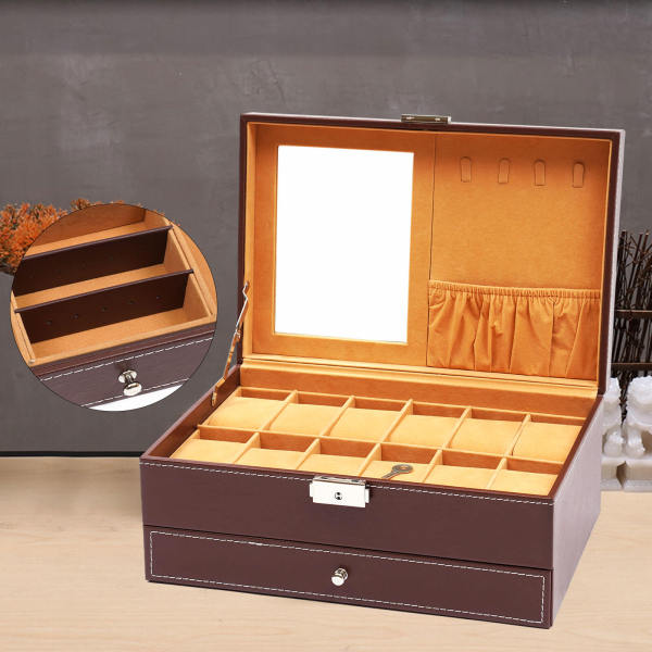 Red-brown Retro Watch Storage Box, Jewelry Display Case, Jewelry Box with Mirrror and Key