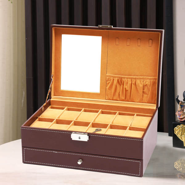 Red-brown Retro Watch Storage Box, Jewelry Display Case, Jewelry Box with Mirrror and Key