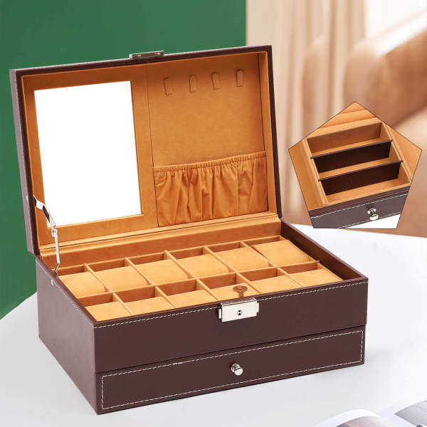 Red-brown Retro Watch Storage Box, Jewelry Display Case, Jewelry Box with Mirrror and Key