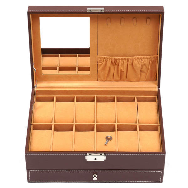 Red-brown Retro Watch Storage Box, Jewelry Display Case, Jewelry Box with Mirrror and Key