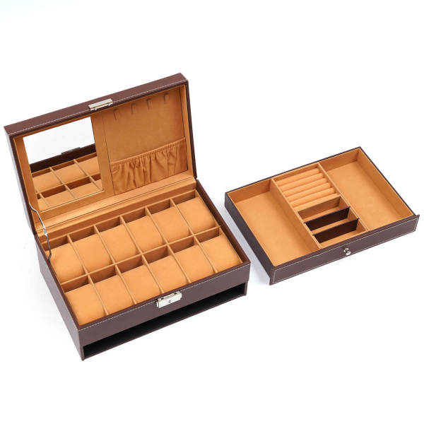 Red-brown Retro Watch Storage Box, Jewelry Display Case, Jewelry Box with Mirrror and Key