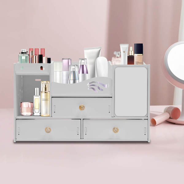 White Cosmetic Organizer, PVC Makeup Storage Box, Desktop Cosmetics Drawer Case, with 3 Drawers and A mirror