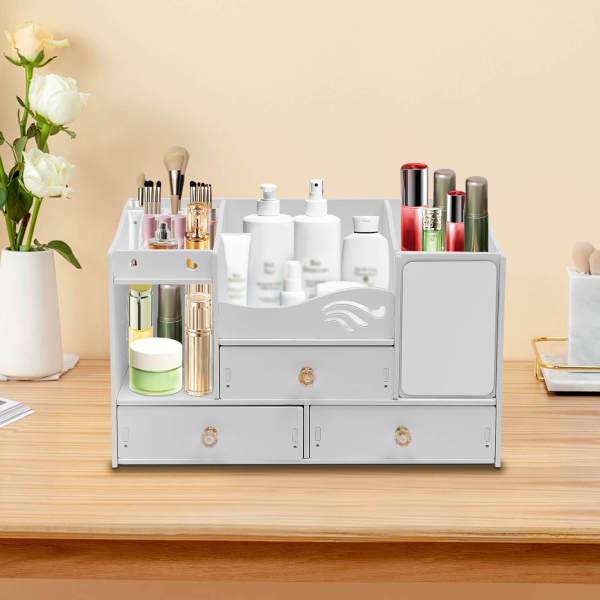 White Cosmetic Organizer, PVC Makeup Storage Box, Desktop Cosmetics Drawer Case, with 3 Drawers and A mirror
