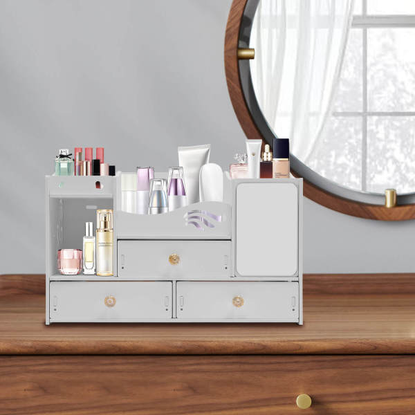 White Cosmetic Organizer, PVC Makeup Storage Box, Desktop Cosmetics Drawer Case, with 3 Drawers and A mirror