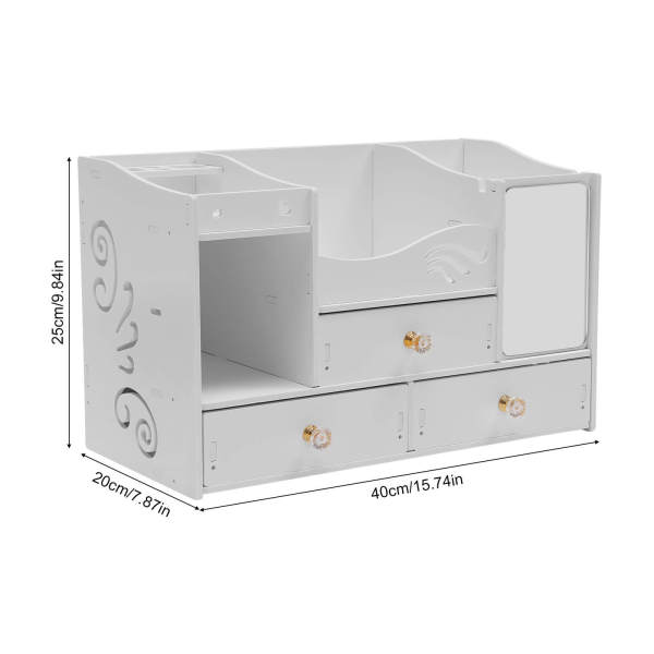 White Cosmetic Organizer, PVC Makeup Storage Box, Desktop Cosmetics Drawer Case, with 3 Drawers and A mirror
