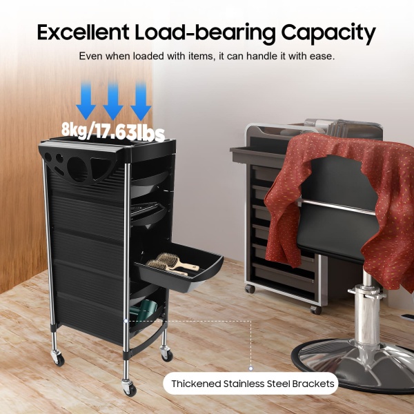 6-Tier Freestanding Beauty Salon Trolley Max.Loading 8kg/17.63lbs Hair Spa Rolling Hairdressing Storage Cart with 5 Drawers