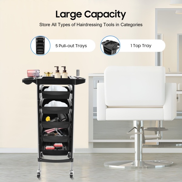 6-Tier Freestanding Beauty Salon Trolley Max.Loading 8kg/17.63lbs Hair Spa Rolling Hairdressing Storage Cart with 5 Drawers