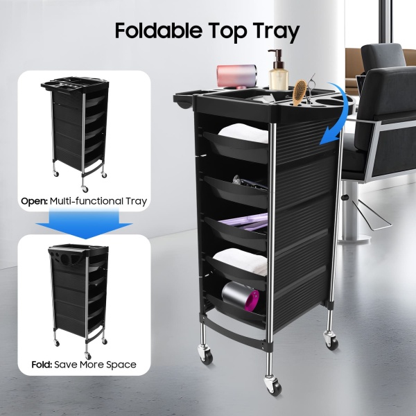 6-Tier Freestanding Beauty Salon Trolley Max.Loading 8kg/17.63lbs Hair Spa Rolling Hairdressing Storage Cart with 5 Drawers
