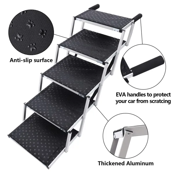 5 Steps Dog Car Ramp Folding for Medium and Large Dogs, Portable Folding Dog Stairs or Cars and SUV, Telescoping Non-Slip Aluminum Dog Steps
