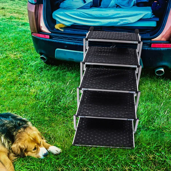 5 Steps Dog Car Ramp Folding for Medium and Large Dogs, Portable Folding Dog Stairs or Cars and SUV, Telescoping Non-Slip Aluminum Dog Steps