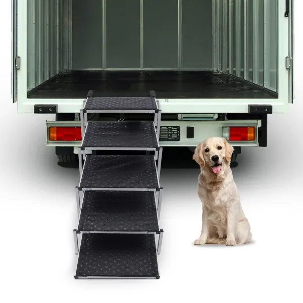 5 Steps Dog Car Ramp Folding for Medium and Large Dogs, Portable Folding Dog Stairs or Cars and SUV, Telescoping Non-Slip Aluminum Dog Steps