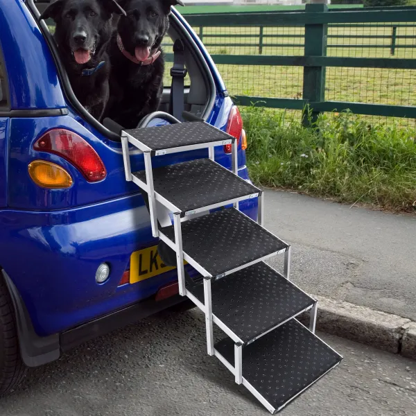 5 Steps Dog Car Ramp Folding for Medium and Large Dogs, Portable Folding Dog Stairs or Cars and SUV, Telescoping Non-Slip Aluminum Dog Steps
